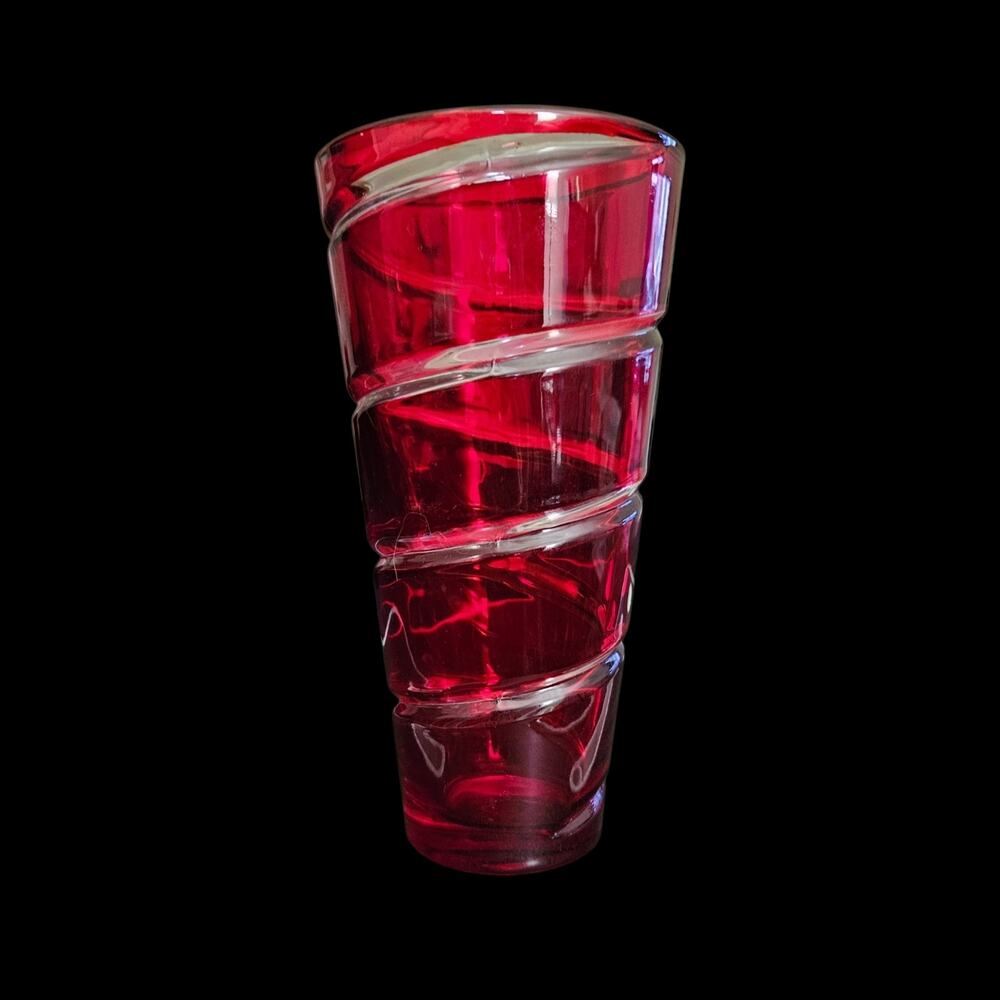 Vintage Cranberry Red Swirl Art Glass Vase Twisted Ribbon Spiral Vase